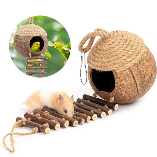Coconut Shell Birdhouse Hut with Ladder | Natural Bird & Pet Habitat Bird Cage Habitat Peaceful Pleasures Health and Wellness