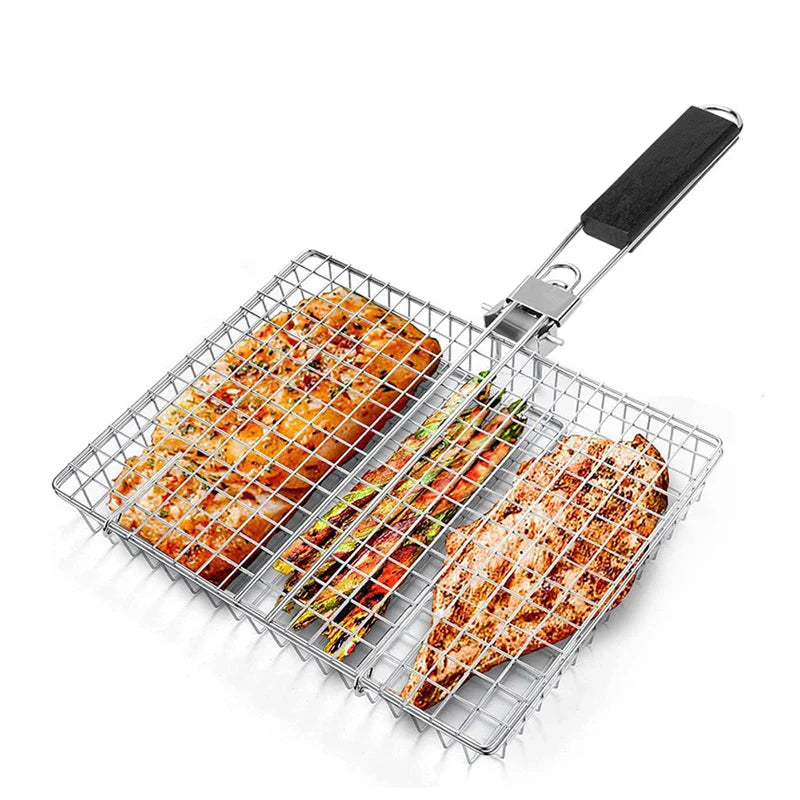 Folding Stainless Steel BBQ Grill Basket – Fish, Veggies & Shrimp