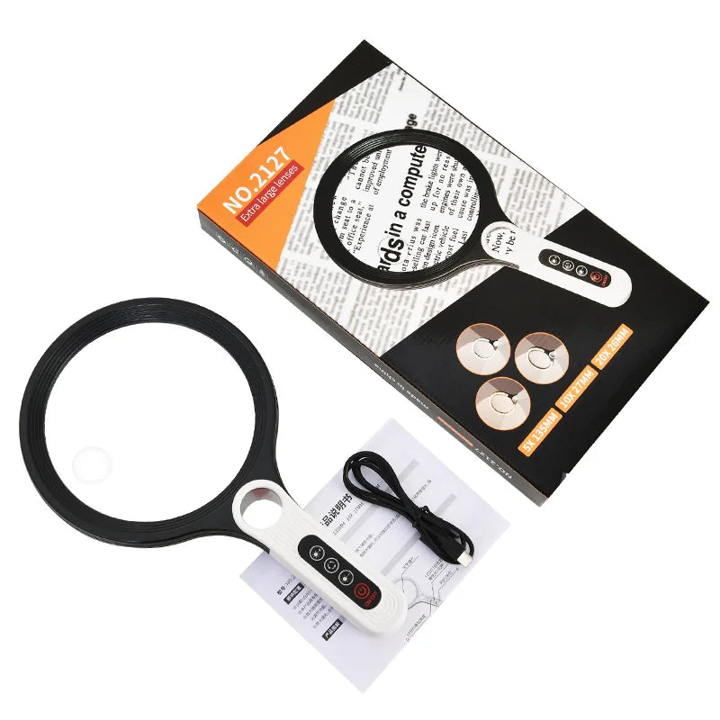 Magnifier Charging Tri Color Led Light Brightness Adjustment 135Mm Large Lens Handheld Magnifying Glass 5-10 X Peaceful Pleasures Health and Wellness