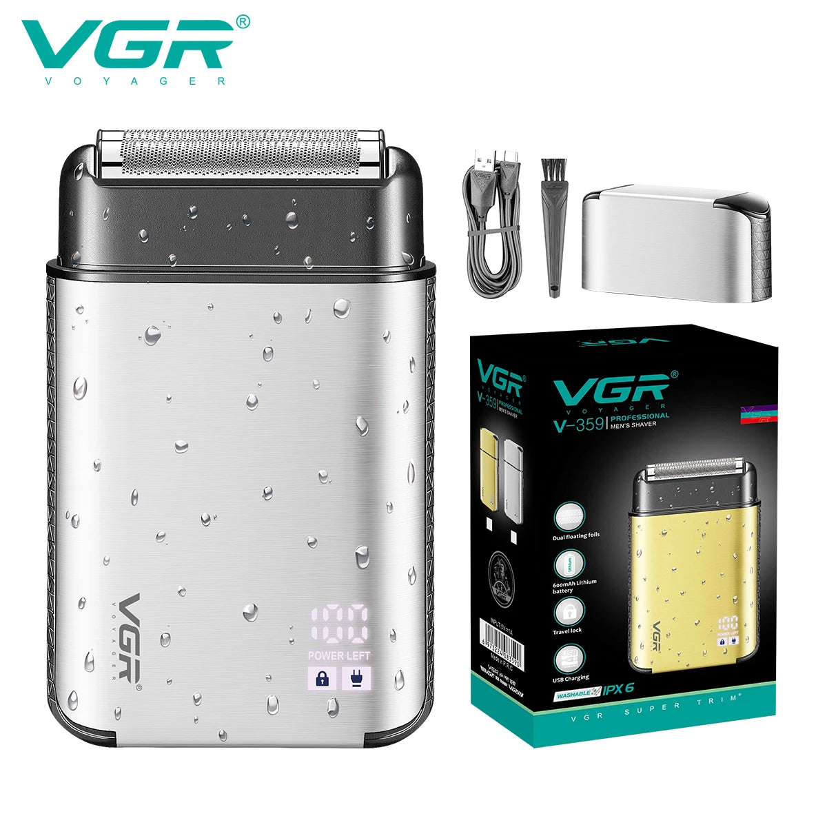 VGR Men's Personal Shaver Household Convenient Shaver Reciprocating Blade Washable Metal Body Intelligent Digital Shaver V-359 Peaceful Pleasures Health and Wellness USB 1