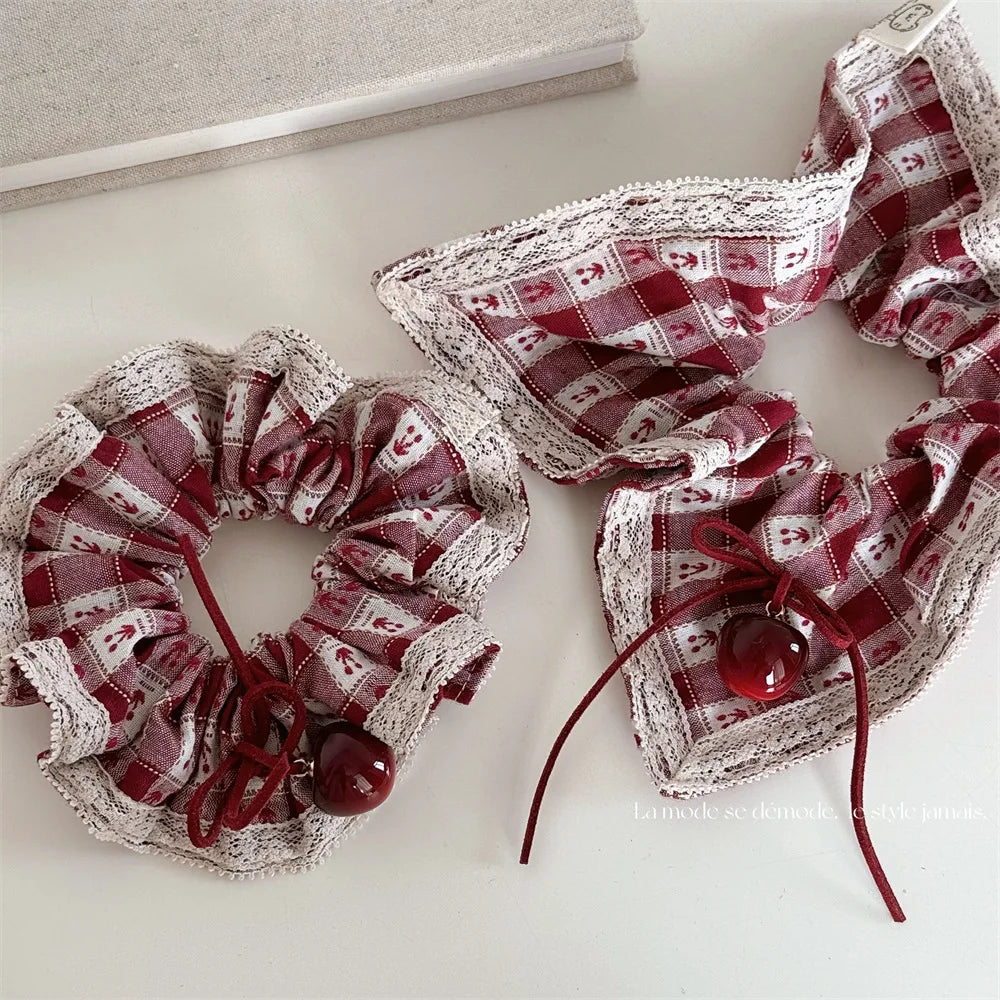 New Red Plaid Cherry Scrunchie Korean Windmill Hair Ring Cute Cherry Square Scarf Design Sweet Hair Accessories for Daily Outfit Peaceful Pleasures Health and Wellness
