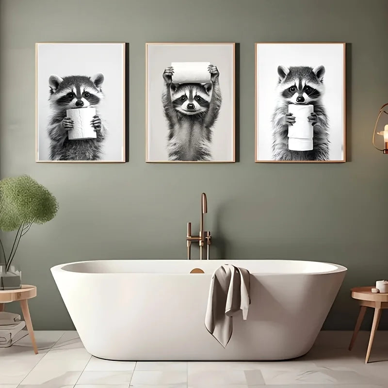 3pcs Art Deco Animal Print Canvas Wall Art - Raccoon with Toilet Paper - Funny Bathroom Decor Posters Frameless Portrait Artwork Peaceful Pleasures Health and Wellness