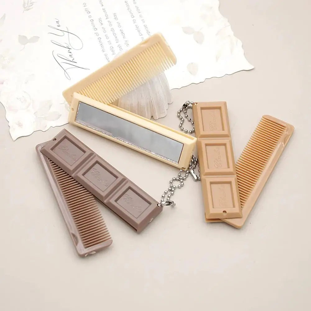 2-in-1 Chocolate Folding Comb with Mirror | Travel Hair Comb