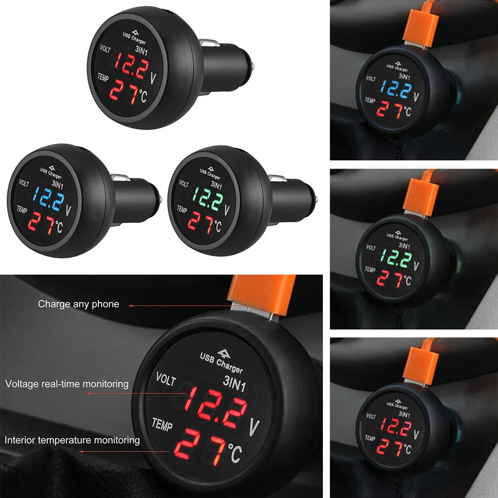 3 in 1 12V/24V Digital LED Car Cigarette Lighter Voltmeter Thermometer Car Truck USB Charger Voltage Current Temperature Meter Peaceful Pleasures Health and Wellness