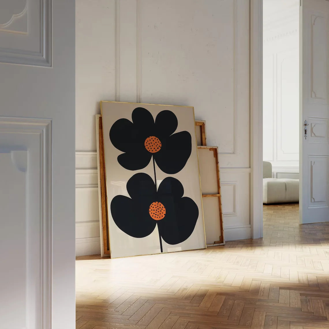 "Mid-Century Modern Minimalist Floral Art Print: Bold Black Double-Flower Design with Playful Orange Polka-Dot Centers, Perfect Peaceful Pleasures Health and Wellness