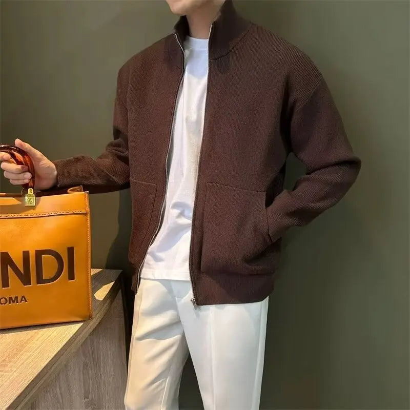 Men's Slim Fit Zip-Up Stand Collar Knit Cardigan Sweater