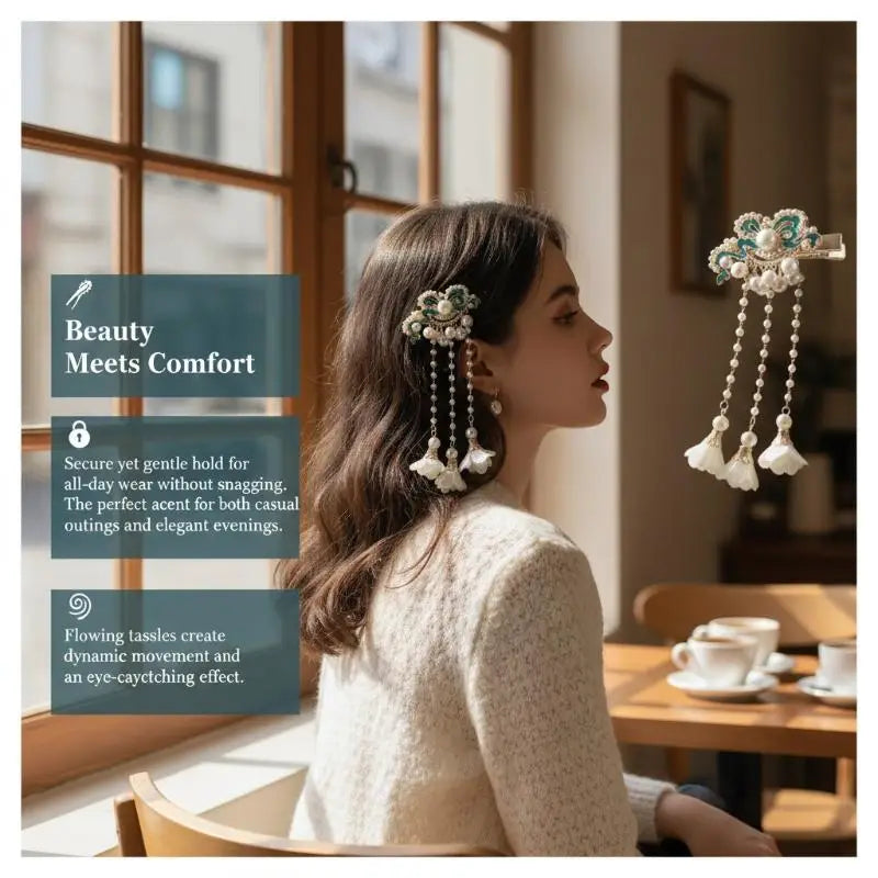 Vintage Pearl Tassel Hair Clip – Enamel Flower Hanfu Hair Pin