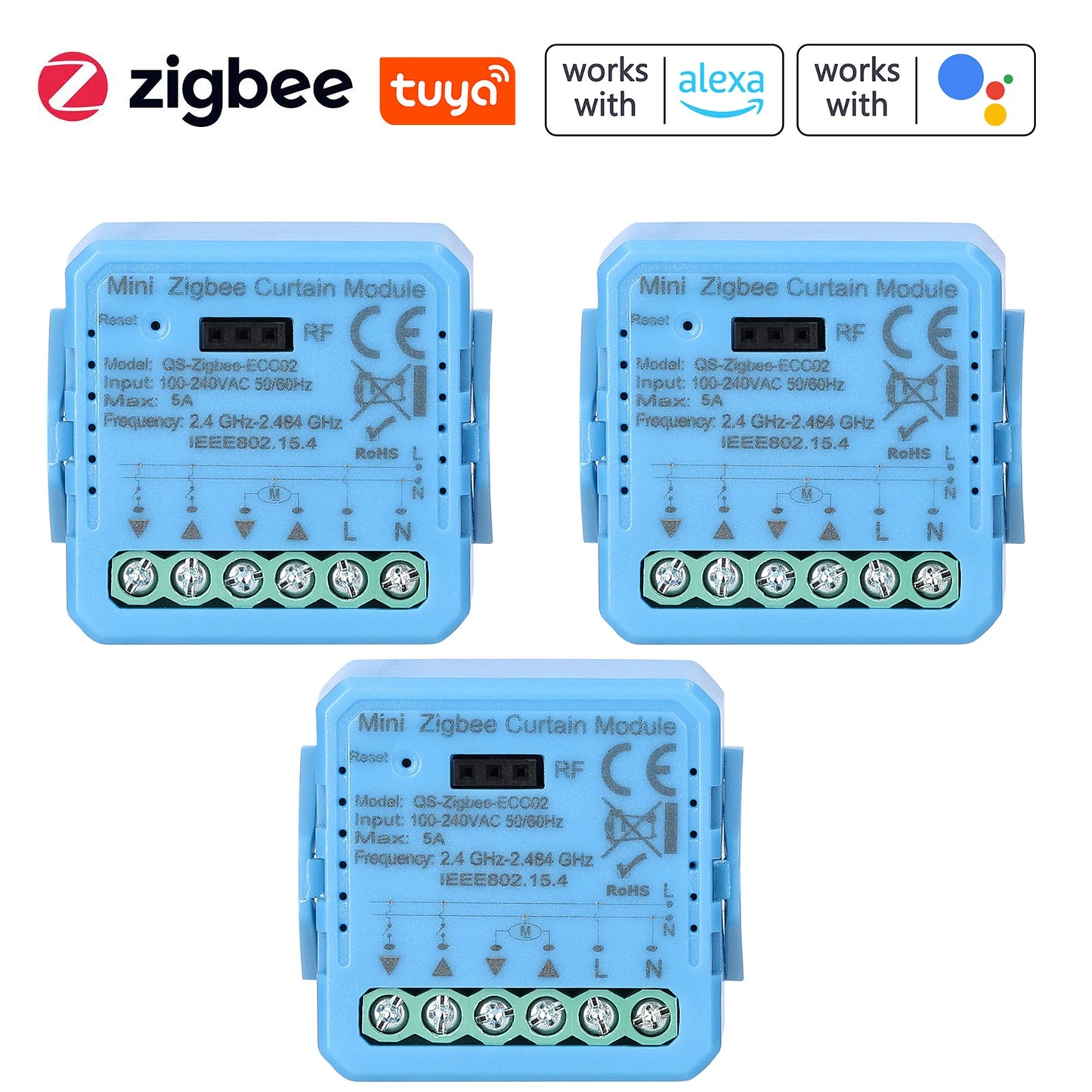 QS-Zigbee/Wifi-CP03 Tuya ZigBee/WiFi Curtain Switch Module for Roller Shutter Blinds Motor Smart Home Google Home Alexa Control Peaceful Pleasures Health and Wellness B ZigBee 2 Gang 3PC