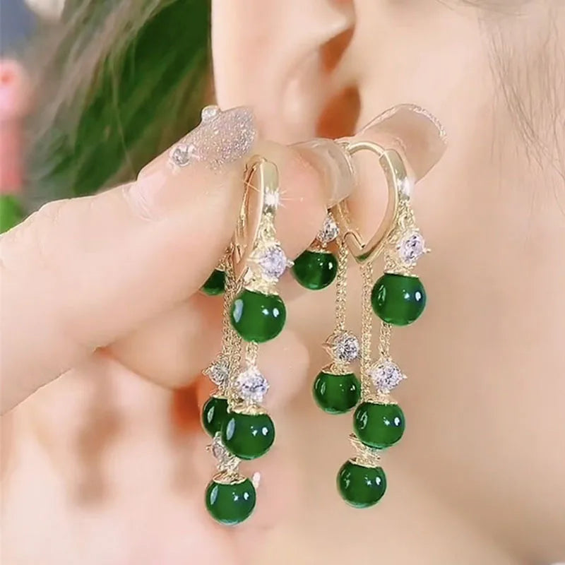 New Fashionable Niche Design, Emerald Cat Eye Stone Ear Buckle, Women's Temperament Earrings, Tassel Long Earrings Peaceful Pleasures Health and Wellness dark green