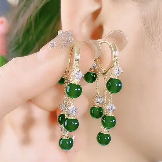 New Fashionable Niche Design, Emerald Cat Eye Stone Ear Buckle, Women's Temperament Earrings, Tassel Long Earrings Peaceful Pleasures Health and Wellness dark green