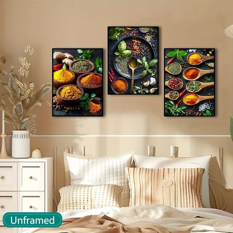 3-Piece Contemporary Canvas Wall Art Deco Hanging Decor Vibrant Spices, Peppers, Herbs Kitchen Retro Home Decor Art Frameless Peaceful Pleasures Health and Wellness
