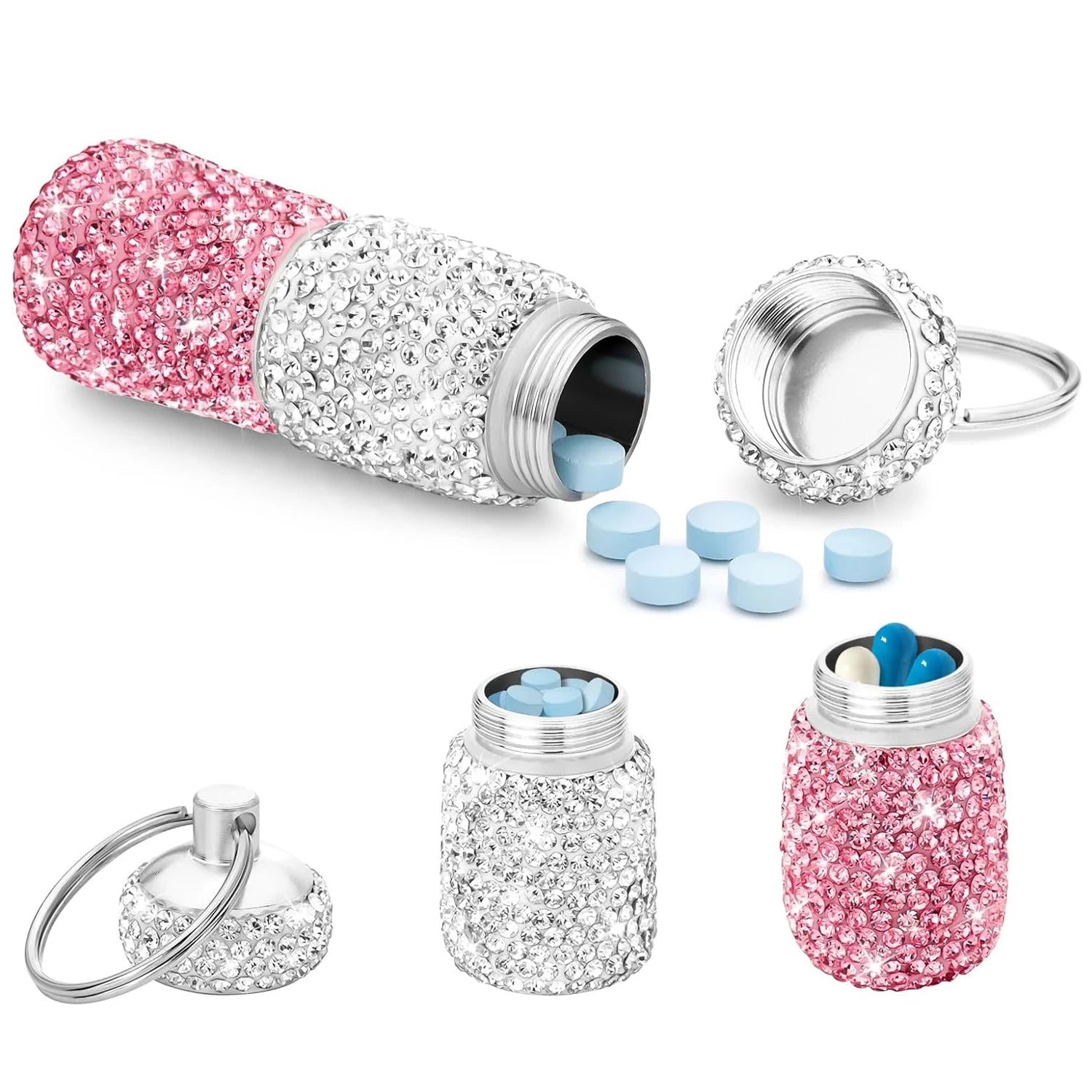 Bling Keychain Pill Box 2 Compartments Small Travel Pill Case Organizer Crystal Diamond Medicine Bottle Pill Bottle Keychain Peaceful Pleasures Health and Wellness