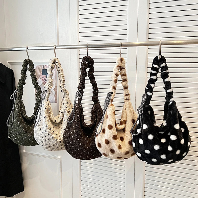 Korean Fashion Faux Fur Crossbody Bags for Women Trendy Large Capacity Sweet Polka Dot Versatile Tote Bag Fashionable Versatile Peaceful Pleasures Health and Wellness