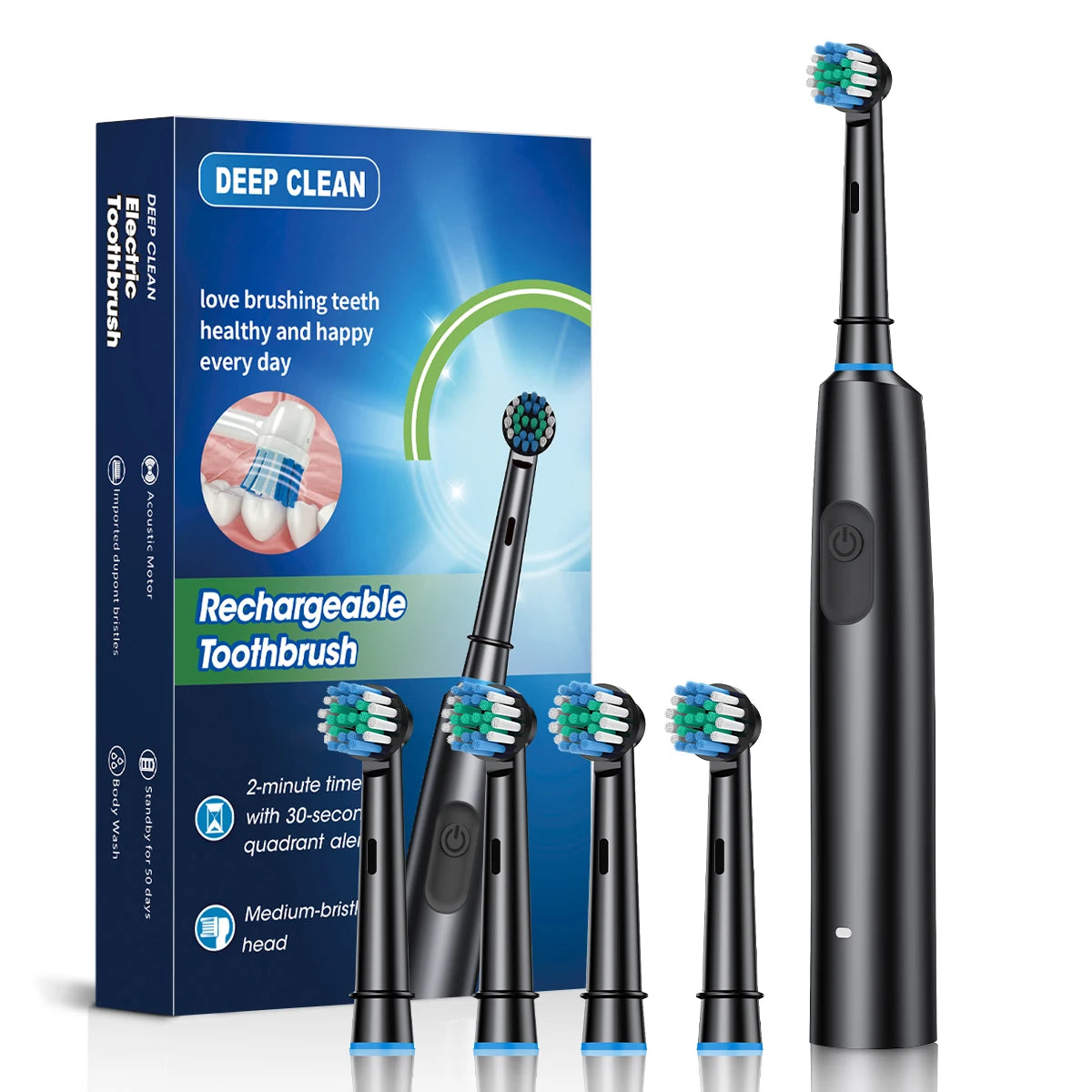 HOMEFISH Bestselling 5-Speed Rotating Electric Toothbrush 360° Rotating Soft Bristle Head Waterproof Sonic Rechargeable Peaceful Pleasures Health and Wellness Black 4 Heads