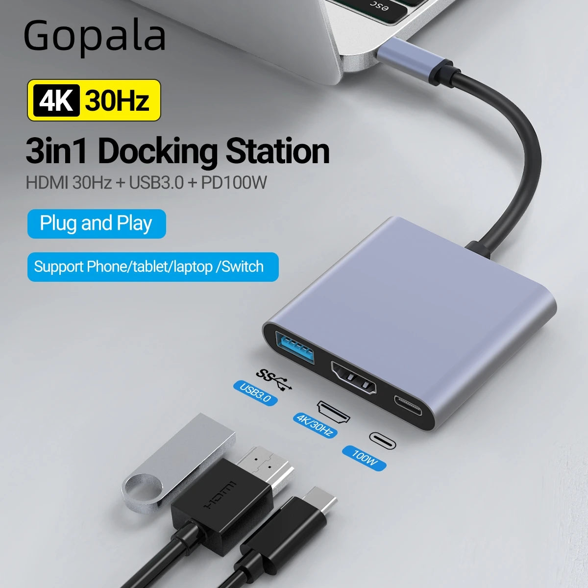 3-in-1 USB-C Hub | 4K HDMI, USB 3.0 & 100W PD Charging