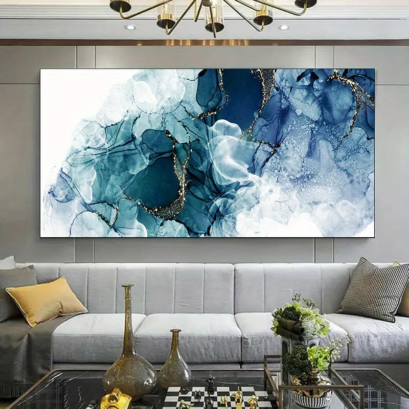 1pc Frameless Modern Abstract Fluid Art Canvas - Striking Blue, White & Golden Swirls for Living Room & Bedroom Decor, Wall Art Peaceful Pleasures Health and Wellness ZLH4575 60x120cm No Frame