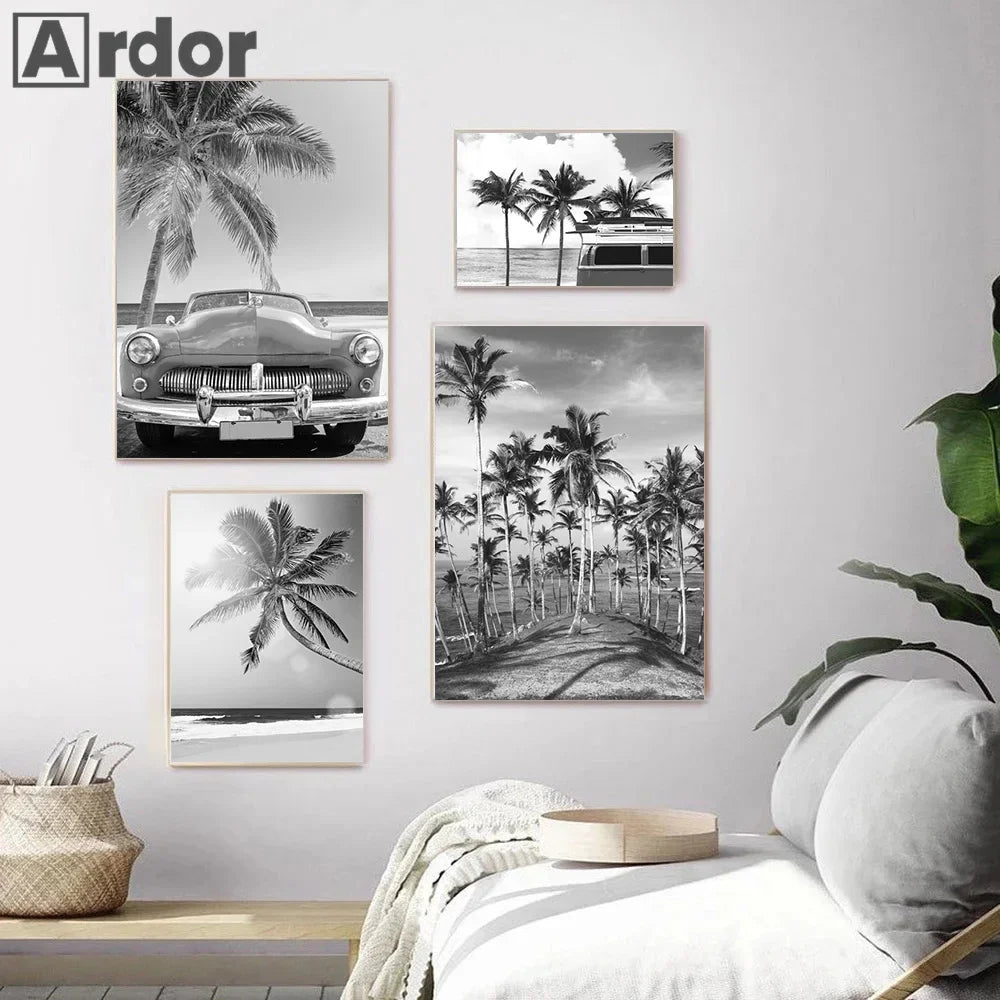 Black And White Starfish Beach Wall Posters Car Palm Tree Summer Landscape Art Print Canvas Painting Pictures Nordic Home Dec Peaceful Pleasures Health and Wellness