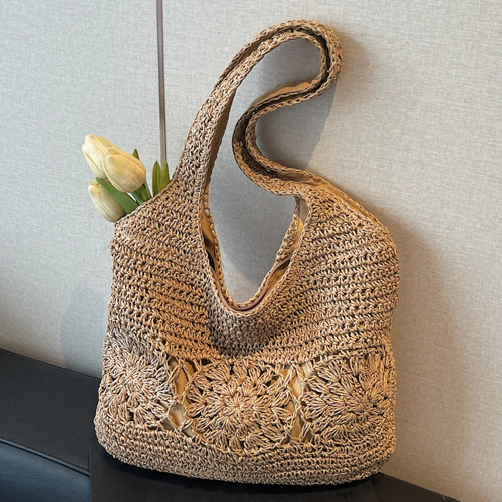 Large Woven Straw Beach Bag – Zipper Shoulder Tote for Women Peaceful Pleasures Health and Wellness Coffee United States