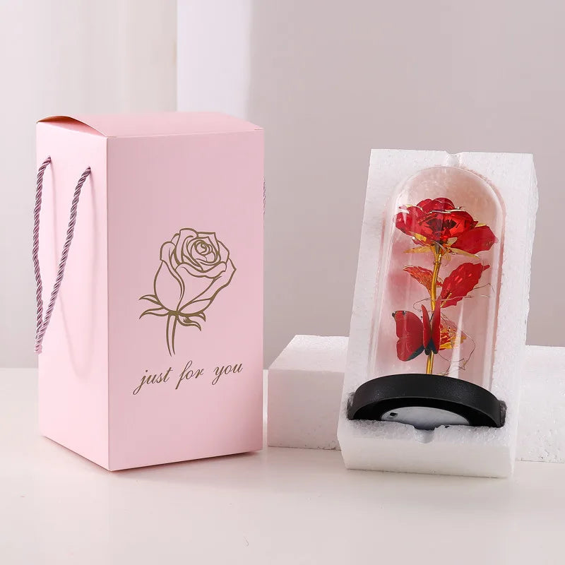 Glass Cover Rose Immortality Flower with Lamp Qixi Valentine's Day Gift Creative Decoration Decorations Peaceful Pleasures Health and Wellness