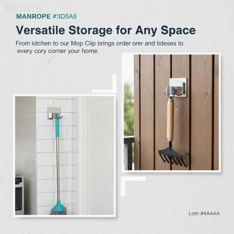 Wall Mounted Mop Holder Clip | 304 Stainless Steel Self-Adhesive