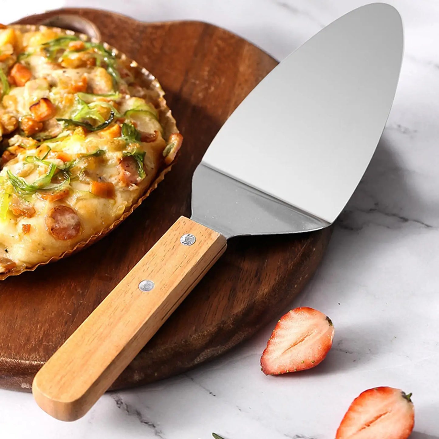 Stainless Steel Pizza Server & Cake Spatula | Wooden Handle