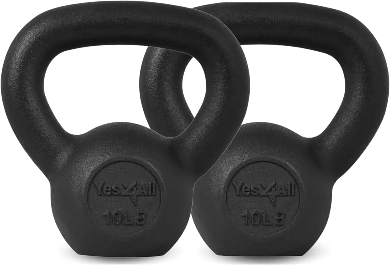 Two black kettlebells with 'Yes4All' branding on a white background