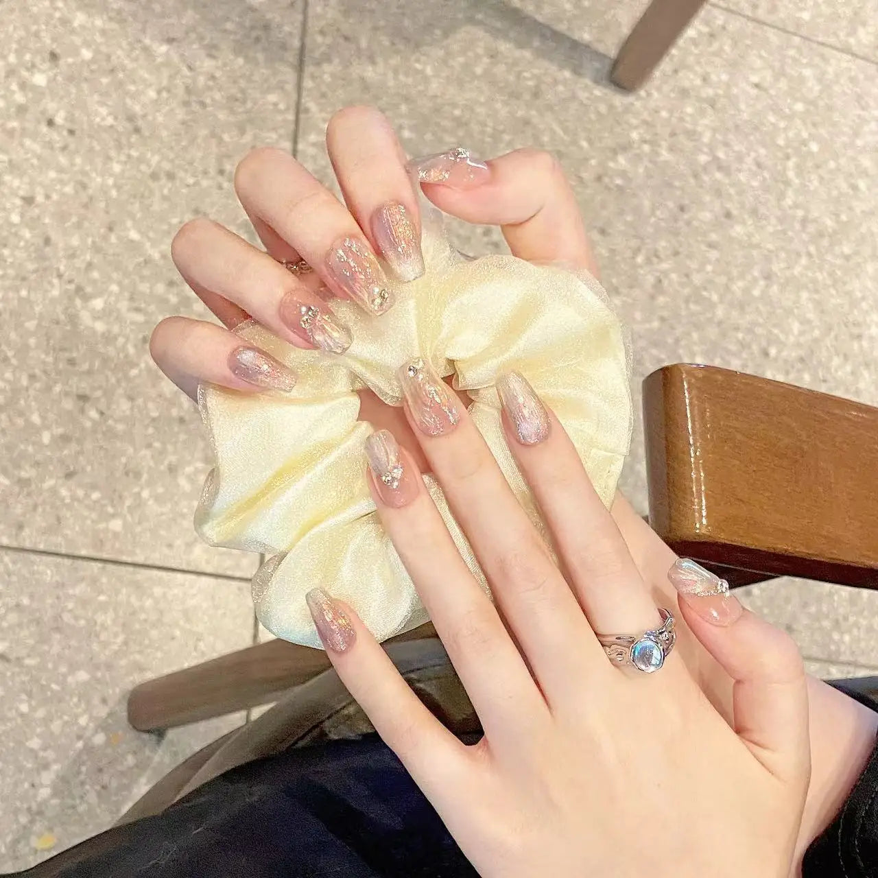 Aurora Mermaid Press On Nails – Glitter Pearl French Almond Tips