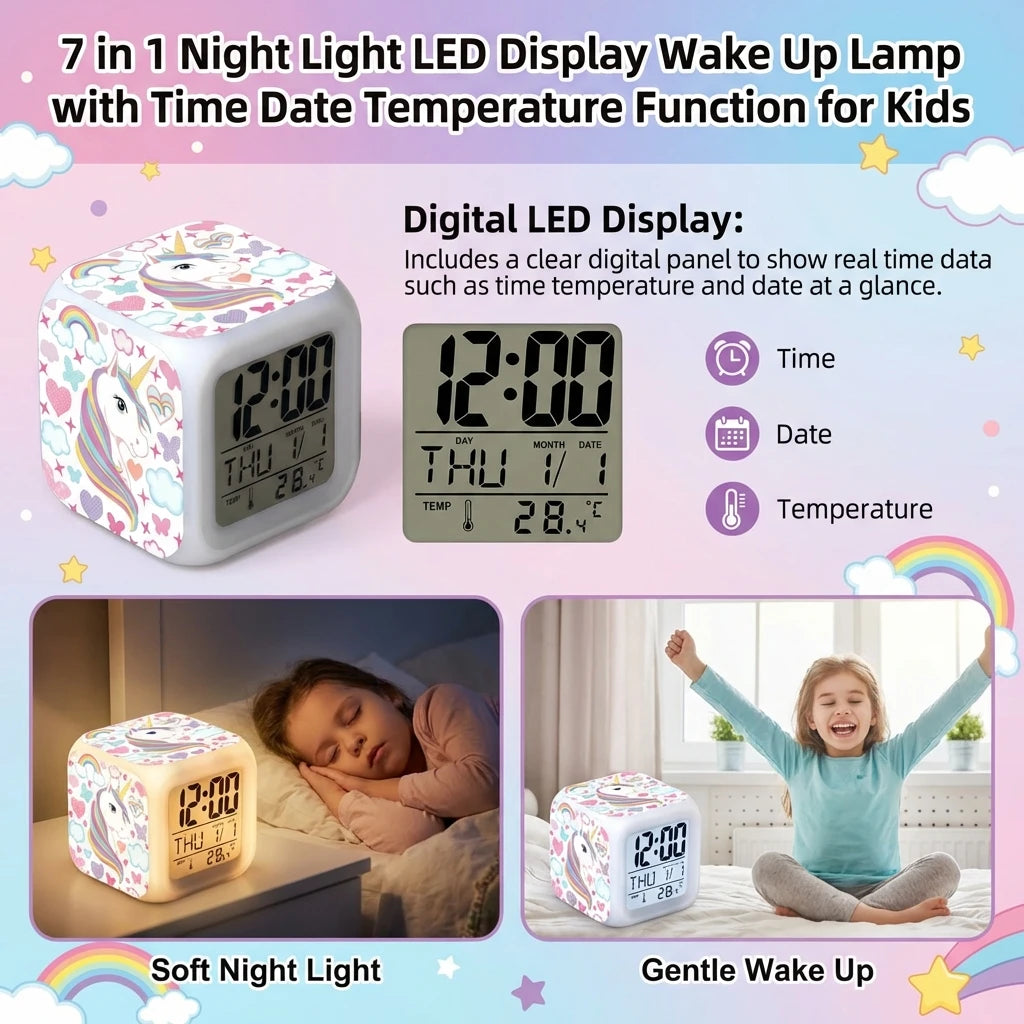 Kids Alarm Clock 7 in 1 LED Night Light with Wake Up Function Display Time Date Temperature USB Powered Color Changing Lamp Peaceful Pleasures Health and Wellness