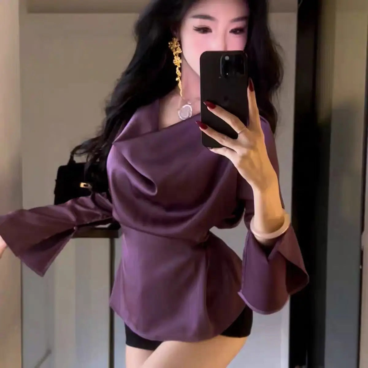 Women's Satin Flare Sleeve Blouse – Elegant Office Tunic Top