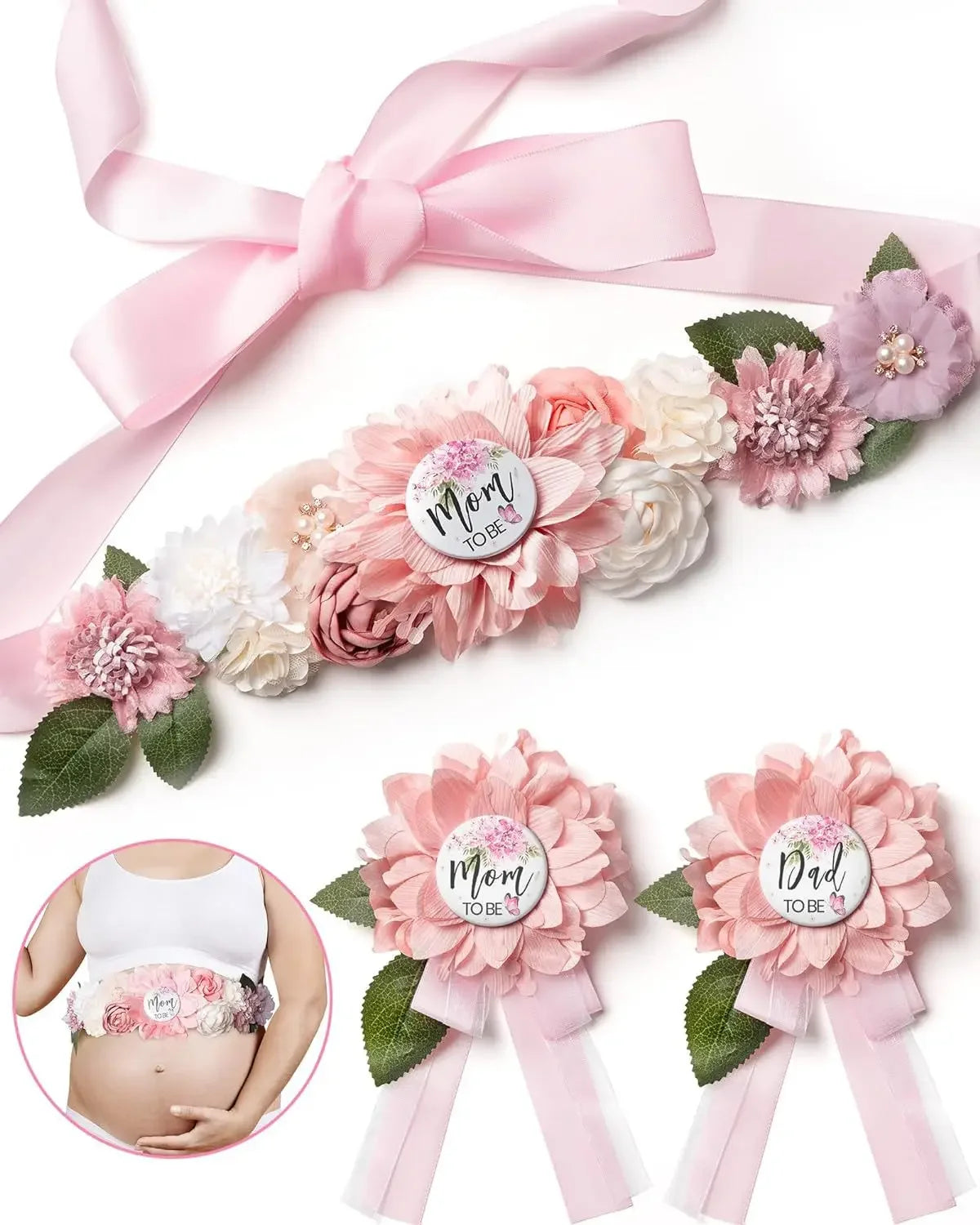 Flower Sash Set-Baby Shower Mom to Be Daddy to Be Corsage Pin- Belt for Maternity Dress Photo Props حزام Пояс Cinturón Ceinture Peaceful Pleasures Health and Wellness colors 10