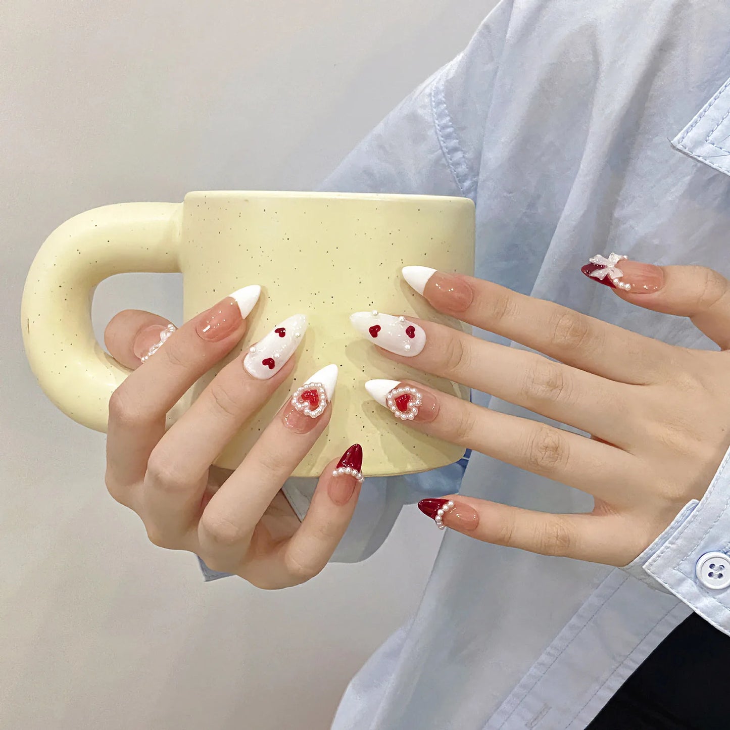 Red French Almond Press On Nails | Bow Pearl Design 10pcs