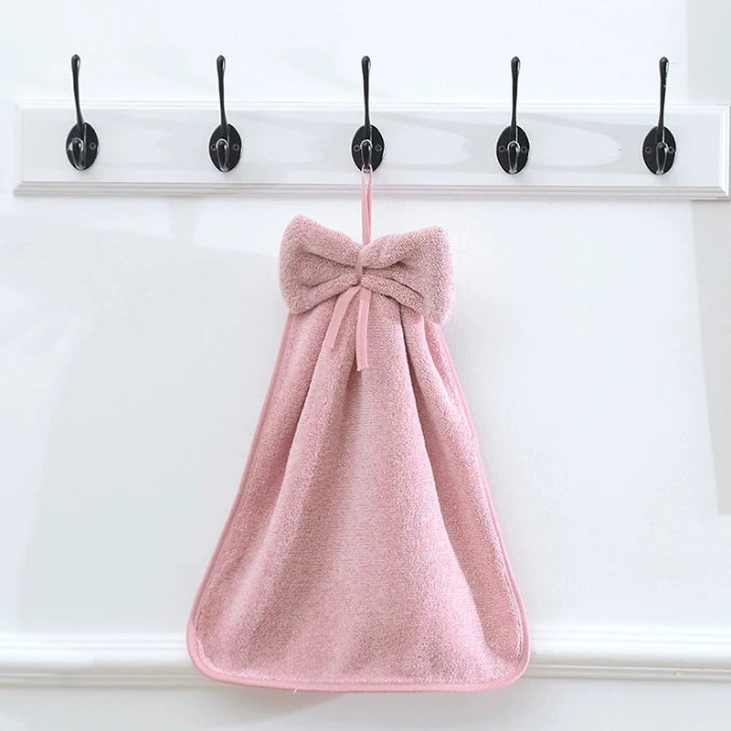 Bowknot Hanging Hand Towels – Soft Coral Fleece, Quick Dry