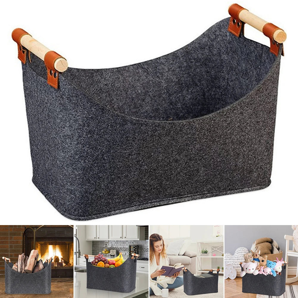 Foldable Felt Basket with Wooden Handles – 57L Firewood Storage