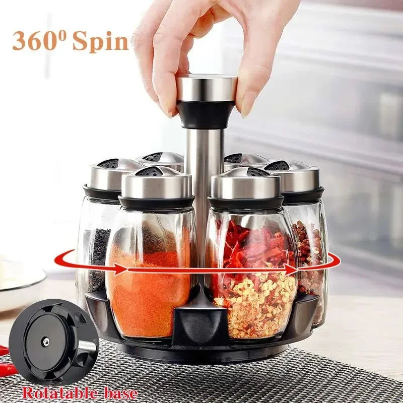 Kitchen Rotating Spice Bottle Set Glass Material Seasoning Salt Sugar Pepper Seasoning Storage Bottle Kitchen Spice Rack Peaceful Pleasures Health and Wellness