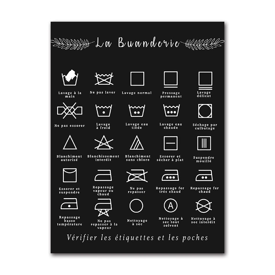 Art Picture Canvas Painting Laundry Room Decor French Symbol Sign Prints Black and White Affiche Buanderie Wall Peaceful Pleasures Health and Wellness A0272-01 40x50cm Unframed