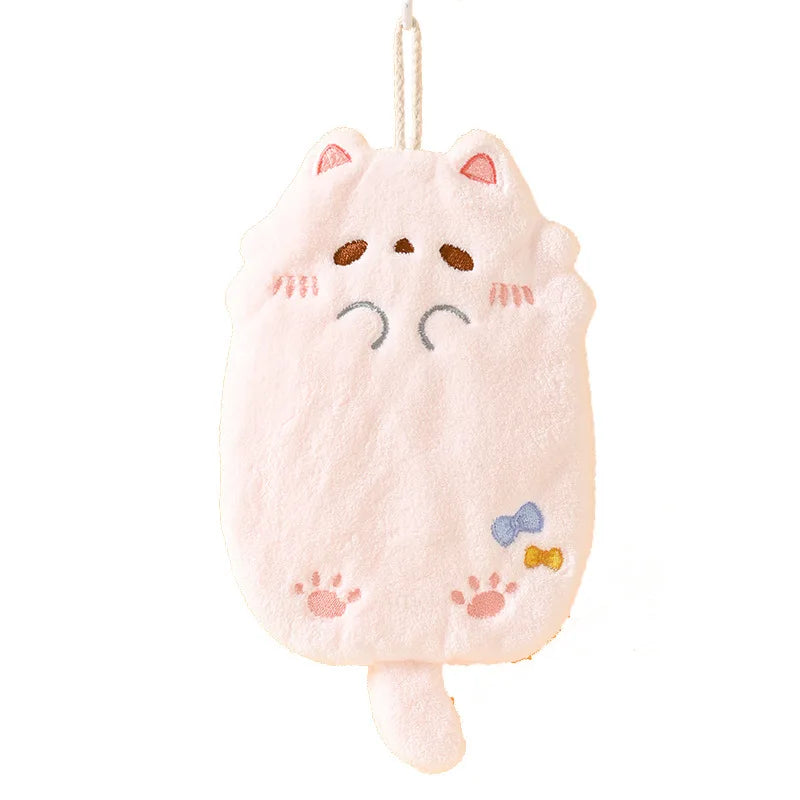 Cute Cartoon Cat Hanging Hand Towel Coral Fleece Non-shedding Thick Cloth High Appearance Level Kitchen Bathroom Absorbent Towel Peaceful Pleasures Health and Wellness Pink