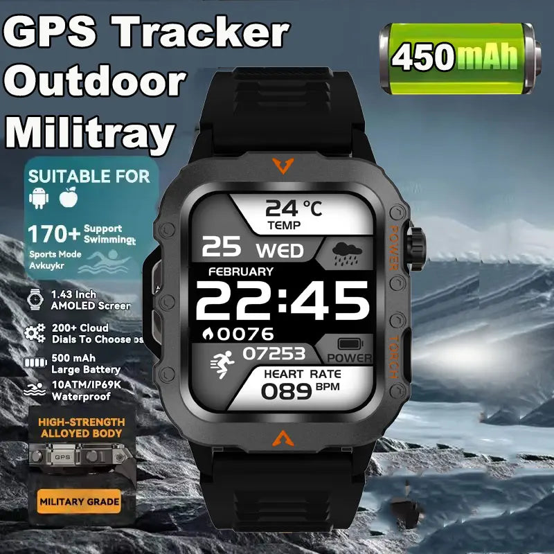 Men's Military Smartwatch – Bluetooth Call, GPS & Fitness Tracker