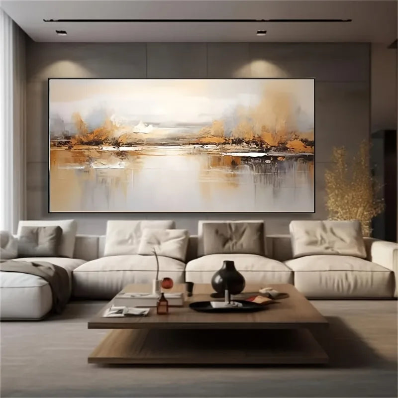Large Modern Abstract Serene Landscape Calm Waters, Majestic Hills, Misty Mountains, Frameless Wall Art for Living Room Decor Peaceful Pleasures Health and Wellness