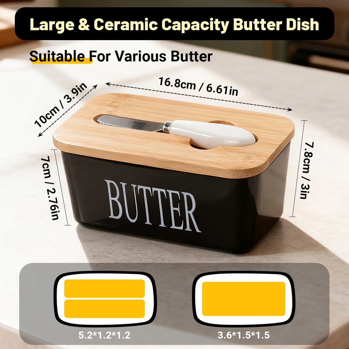 1 Set Of Ceramic Butter Dish With Bamboo Lid And Built-In Knife Butter Keeper With Double Silicone Sealing Ring Kitchen Peaceful Pleasures Health and Wellness