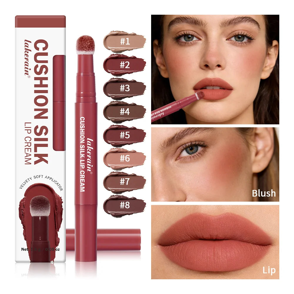 Lip Stain Air Cushion Lip Cream 2 in 1 Lip&Blush Waterproof Matte Lip Glaze Mouth Red Lip Mud Non-fading Non-stick Cup Makeup Peaceful Pleasures Health and Wellness