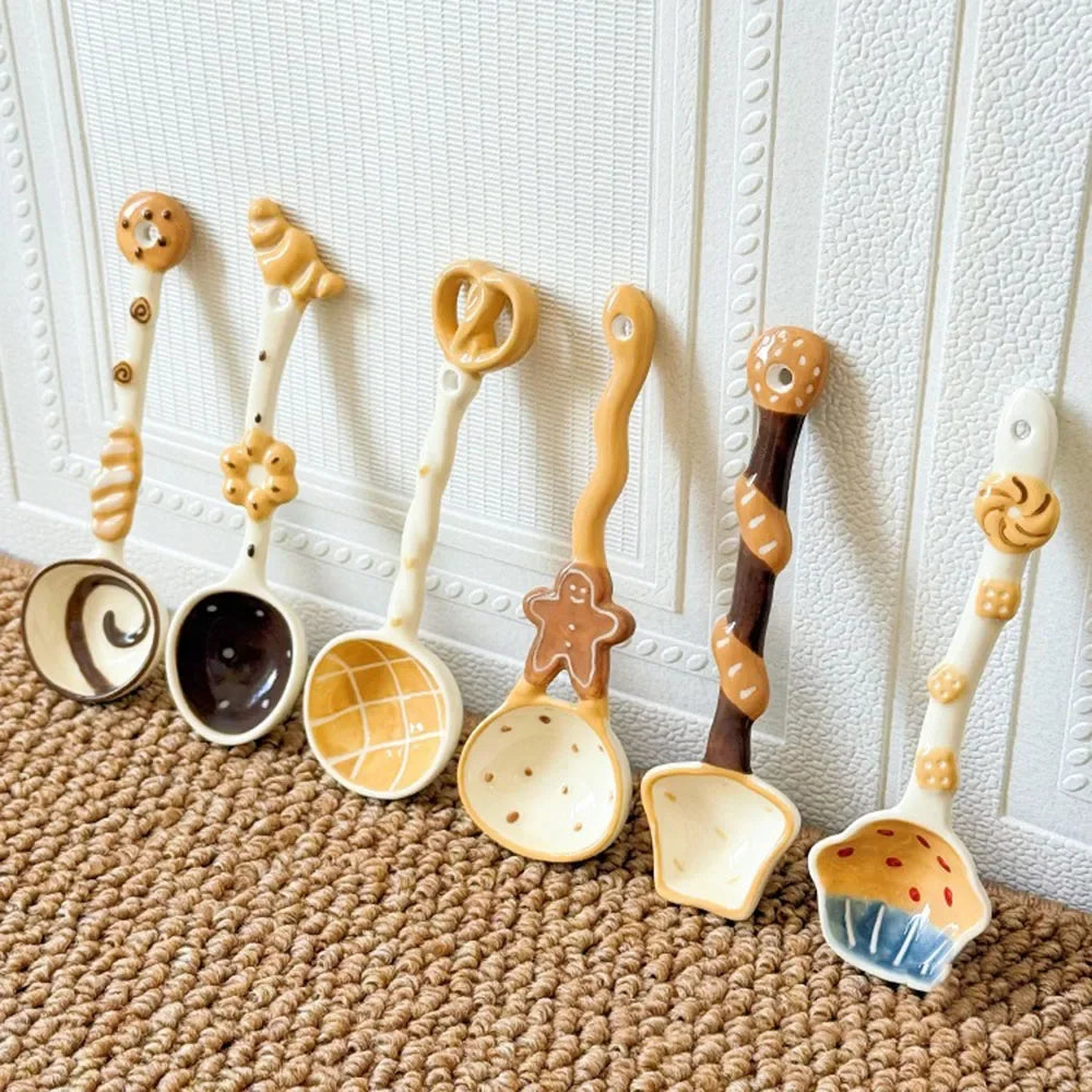 High Aesthetic Ceramic Long Handled Spoon Cute Baking Bread and Biscuit Design Household Rice Spoon Soup Spoon Underglaze Color Peaceful Pleasures Health and Wellness