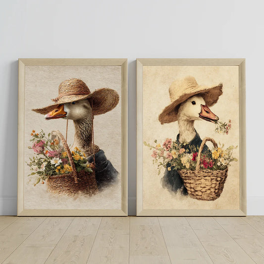 Vintage Animal Wall Art, Whimsical Duck Floral Canvas Painting, Cute Farm Mallard Poster Print for Bedroom Living Room Decor Peaceful Pleasures Health and Wellness