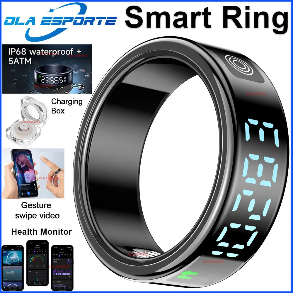 2026 Smart Ring with Touch Display Screen, Wireless Charging, Health Manager, 5 ATM Waterproof For Men Women Smart Rings R12 R08 Peaceful Pleasures Health and Wellness Bk charging box A 11