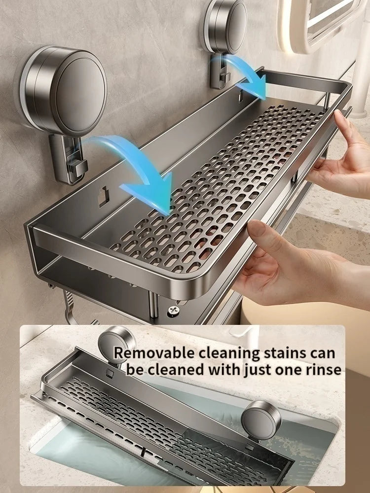 No-Drill Aluminum Bathroom Shelf | Suction Cup Wall Organizer