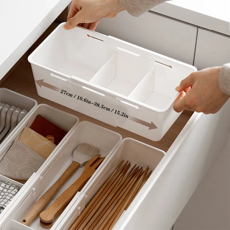 Expandable Sliding Drawer Tray with Adjustable Dividers – Glossy PS Plastic Drawer Organizer Bin