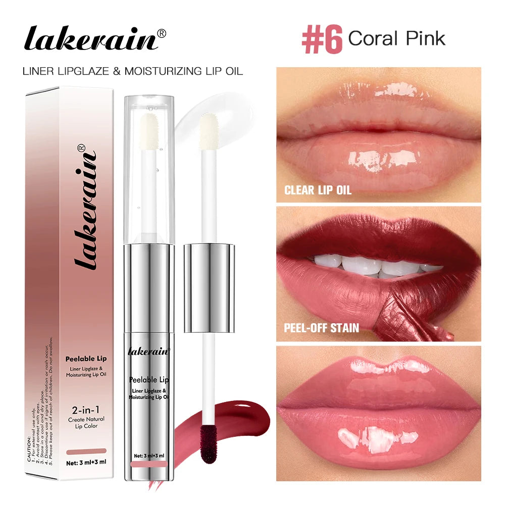 Lakerain 2 In 1 Liner Lipglaze & Moisturizing Lip Oil Peel-off Lip Gloss Deep Hydration Waterproof Soft Lips Dual-head Design Peaceful Pleasures Health and Wellness Coral Pink