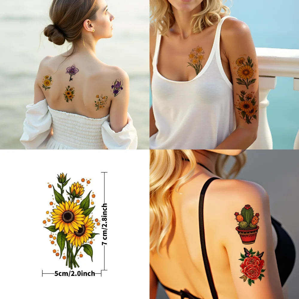 28pcs Waterproof Temporary Tattoos – Rose, Cactus & Sakura