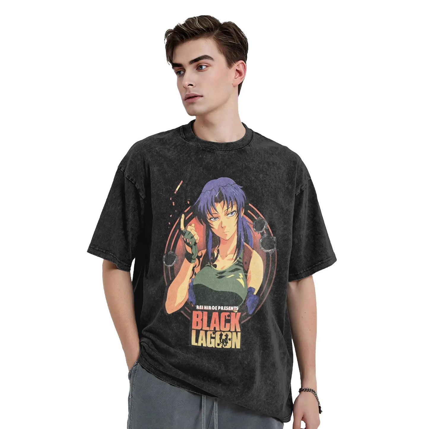 Revy Washed T-Shirt Man B-Black L-Lagoon Awesome Cotton T-Shirts Summer Breathable Novelty Tee Shirt Custom Plus Size Clothes Peaceful Pleasures Health and Wellness
