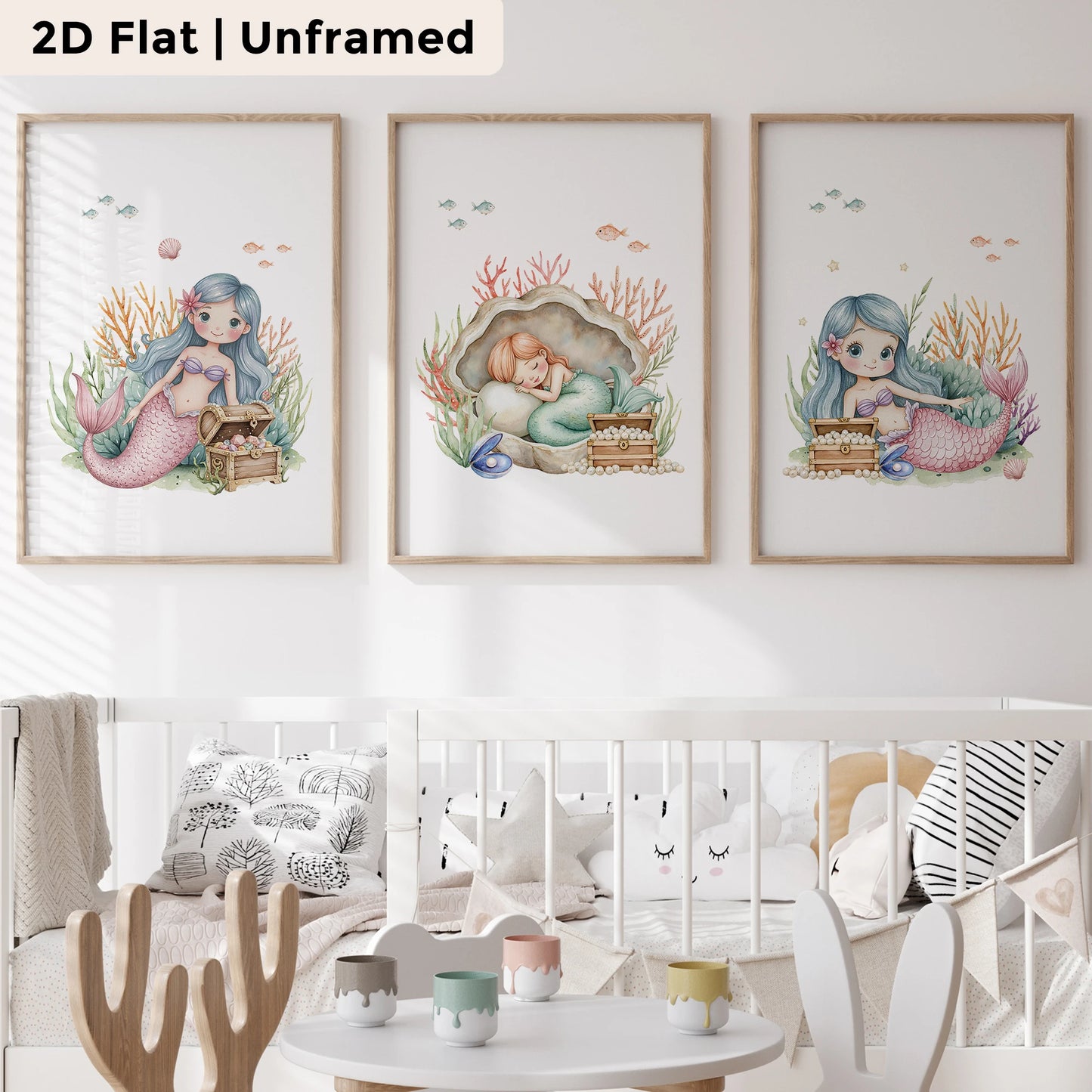 3-Piece Mermaid Shell Canvas Wall Art Print | Kids Room Decor