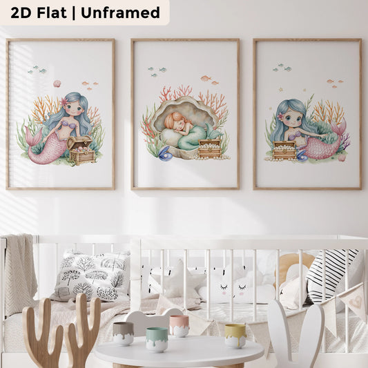 3-Piece Mermaid Shell Canvas Wall Art Print | Kids Room Decor Canvas Wall Art Set Peaceful Pleasures Health and Wellness CH065-3pcs 50x70cm Unframed